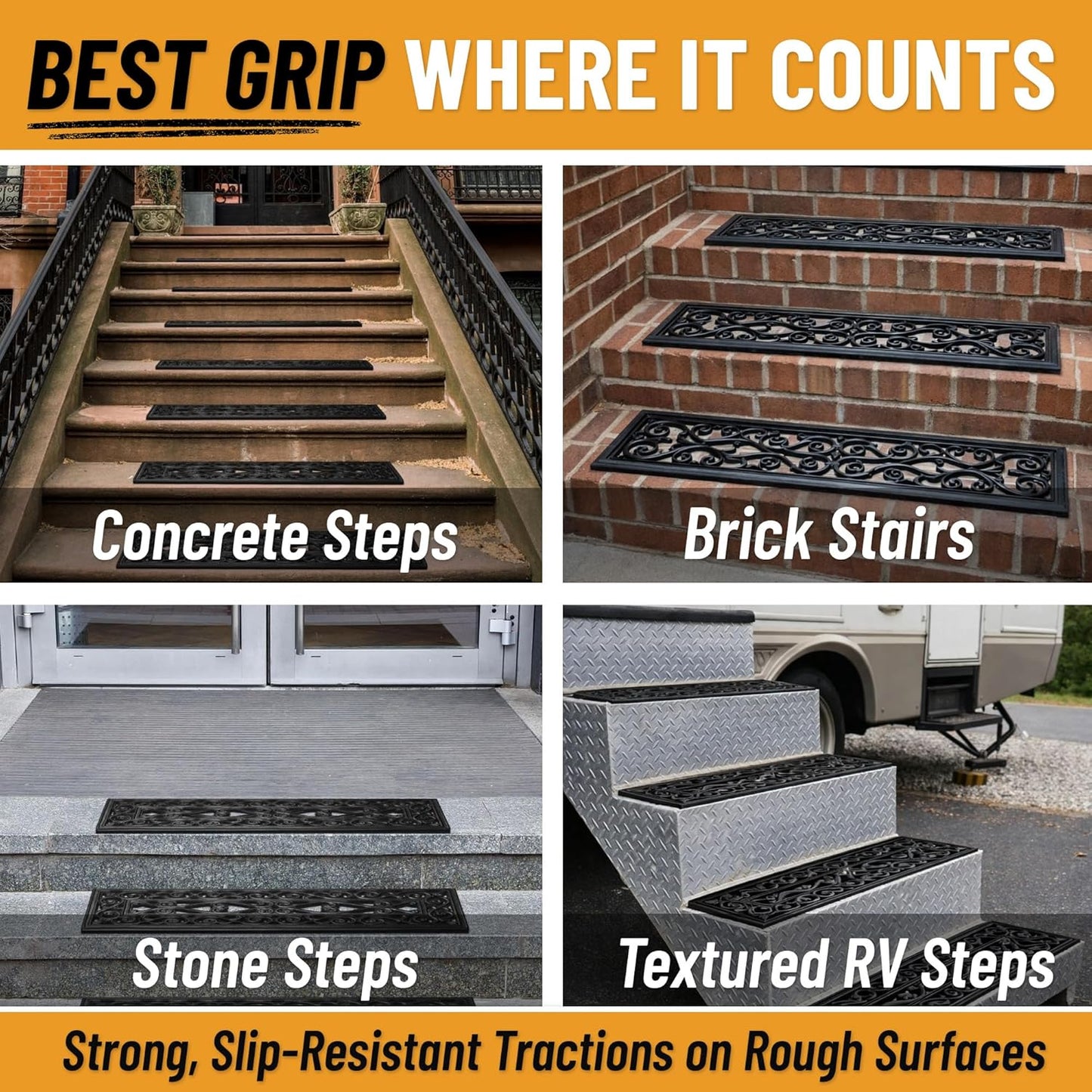 Ottomanson Outdoor Bullnose Stair Treads – Ribbed Heavy-Duty Non Slip Stair Mats – Strong Grip for Concrete, Brick & Textured Steps – Requires Fastening on Wooden & RV Steps, Pack of 5