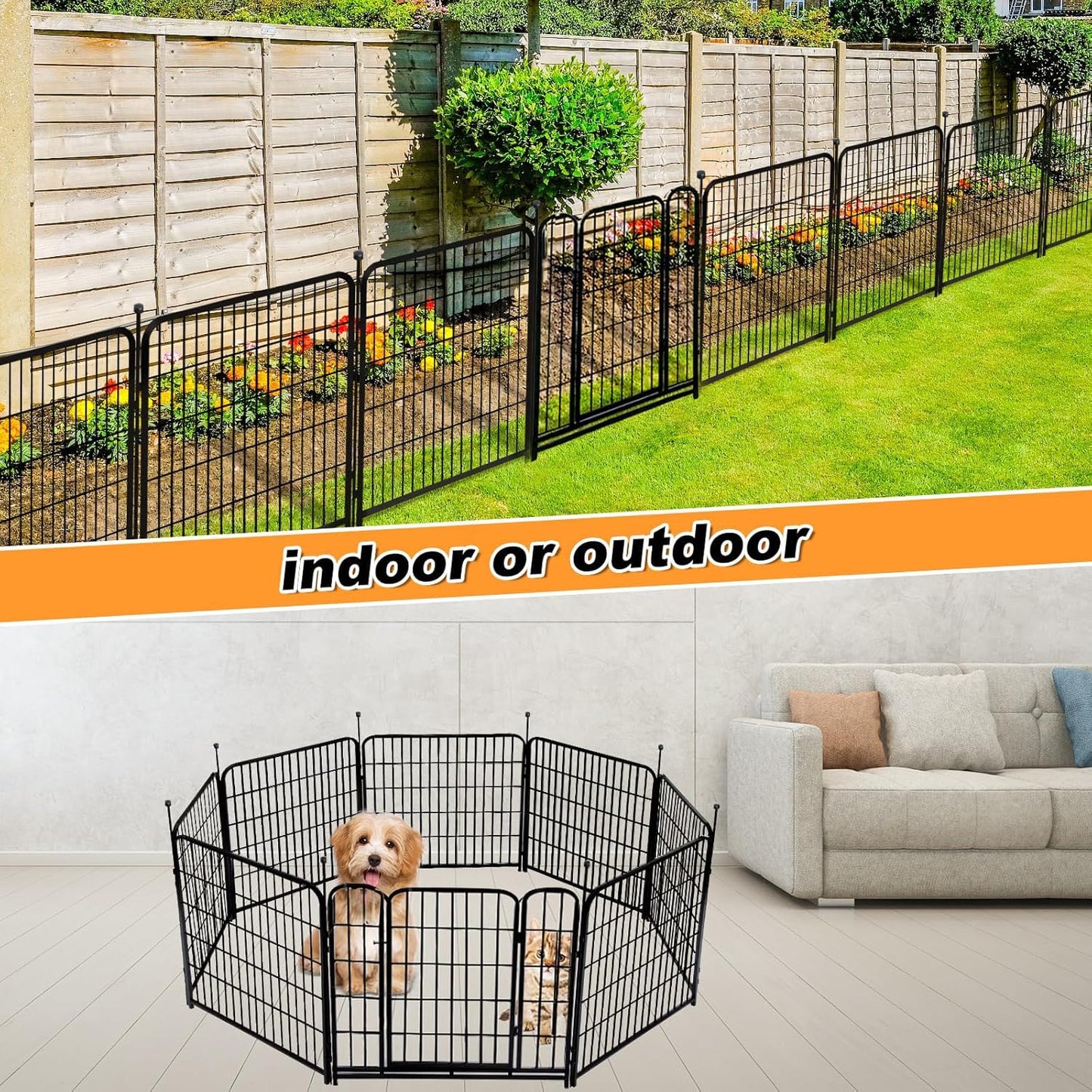 Getlay 36 in(H) Garden Fence, Wide Gate Low Threshold, 10 Panels Total 22.1 Ft(L) Heavy Duty Iron Animal Barrier Fence for Yard,Suitable for Indoor Or Outdoor Dog Fencing,Garden Border Fence