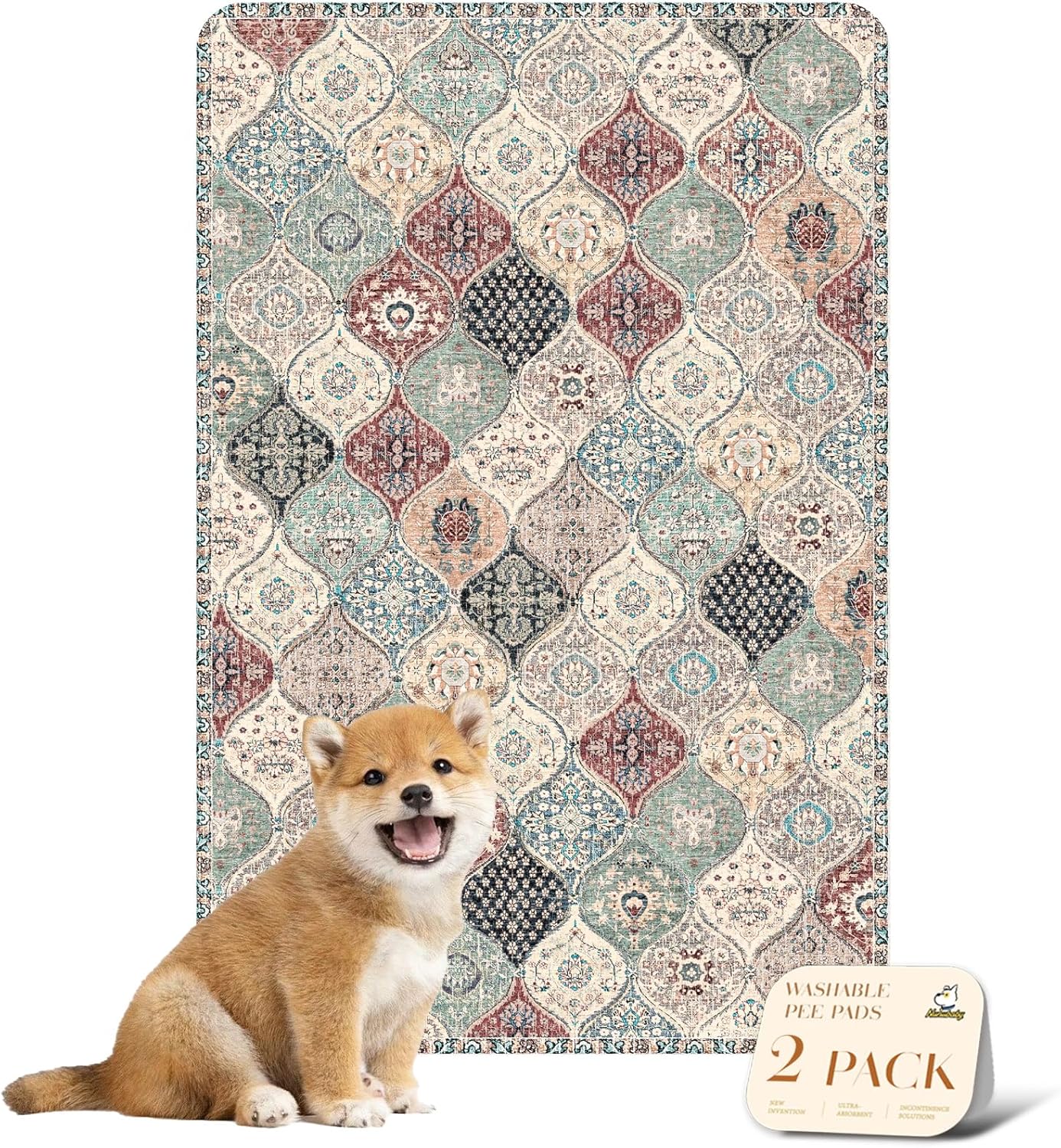 nunubaby Washable Pee Pads for Dogs, Stylish, Non-Slip and Leak-Proof Pee Pads. Reusable Potty Pads for Dogs for Crates and Floors.(Beige/Multi, 24" x48" )