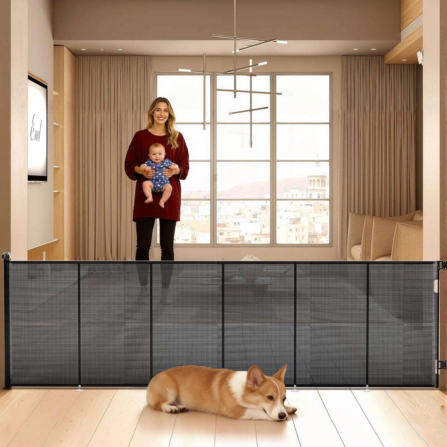 Retractable Baby Gate for Stairs, 42" Tall X 200" Wide Mesh Dog Gate Indoor, Child Gate for Doorways, Hallways, Deck, Indoor Outdoor Pet Baby Safety Essentials for Home, Black