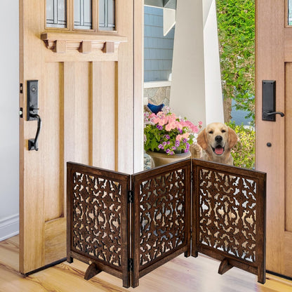 Freestanding Pet Gate for Dogs, Foldable Wooden Dog Gate for House, Indoor Dog Gate for Stair, Doorway, House Design Gates for Dogs Indoor, 72 Inch Wide, (18" x4 Panels 72 inch), Burnt Finish