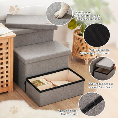Love's cabin Dog Stairs with Storage 13" H, Foldable Pet Stairs for Small Medium or Large Dogs, Cat Puppy Steps Ramp with Zip up to 150 lbs, Solid Grey, 2 Steps