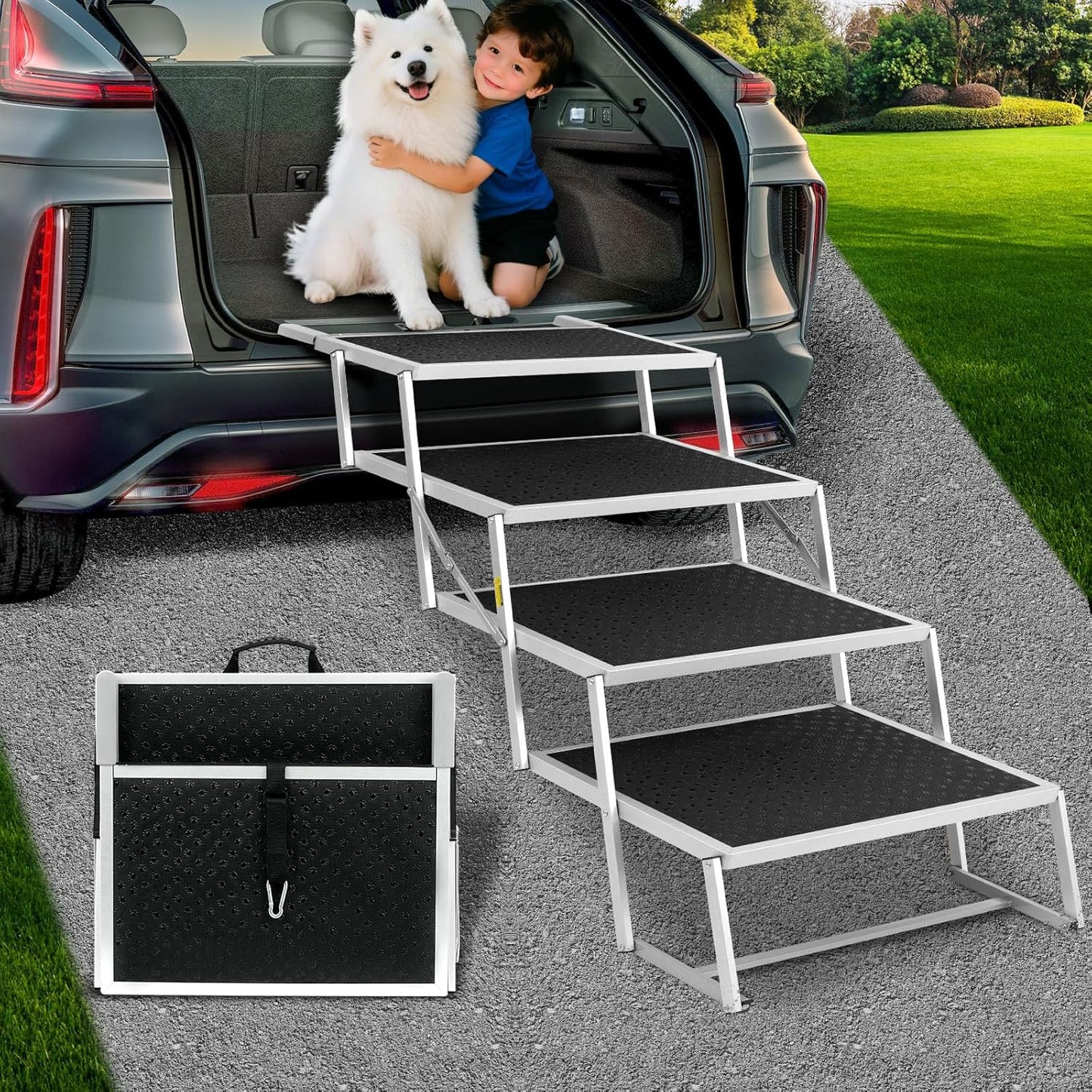 Dog Stairs for Large Dogs,Dog Stairs for Cars,Foldable Dog Ramp Pet Steps Light Weight Aluminum,Extra Wide Dog Stair for Large Dogs,High Beds, Trucks, Supports up to 200 lbs (Extra Wide-4 Steps)
