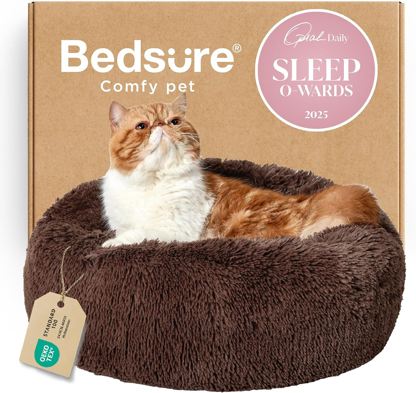 Bedsure Calming Dog Bed Medium Size Dog - Donut Washable Medium Pet Bed, 30 inches Anti-Slip Round Fluffy Plush Faux Fur Cat Bed, Fits up to 45 lbs Pets, Camel
