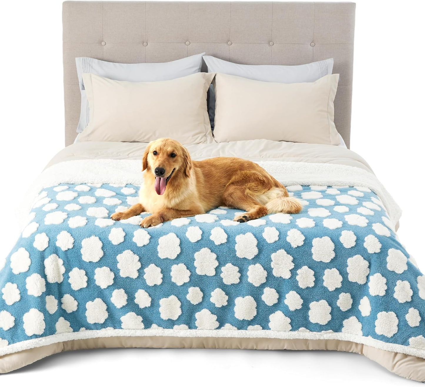 LE SURE Waterproof Dog Blanket for Large Dogs - Washable Double Sided Dog Blankets with Warm Jacquard Shag and Soft Sherpa Fleece, Pet Cat Blanket for Couch Protection, 3D Textured Cloud, Green