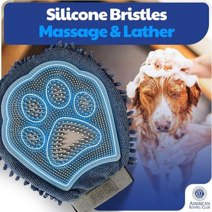 AKC - Dual-Sided Dog Grooming Glove with Silicone Bristles | Quick-Dry Towel | 2-in-1 Pet Grooming Tool for Bathing, Brushing, Shedding, Massaging & Coat Care for Small Medium & Large Dogs
