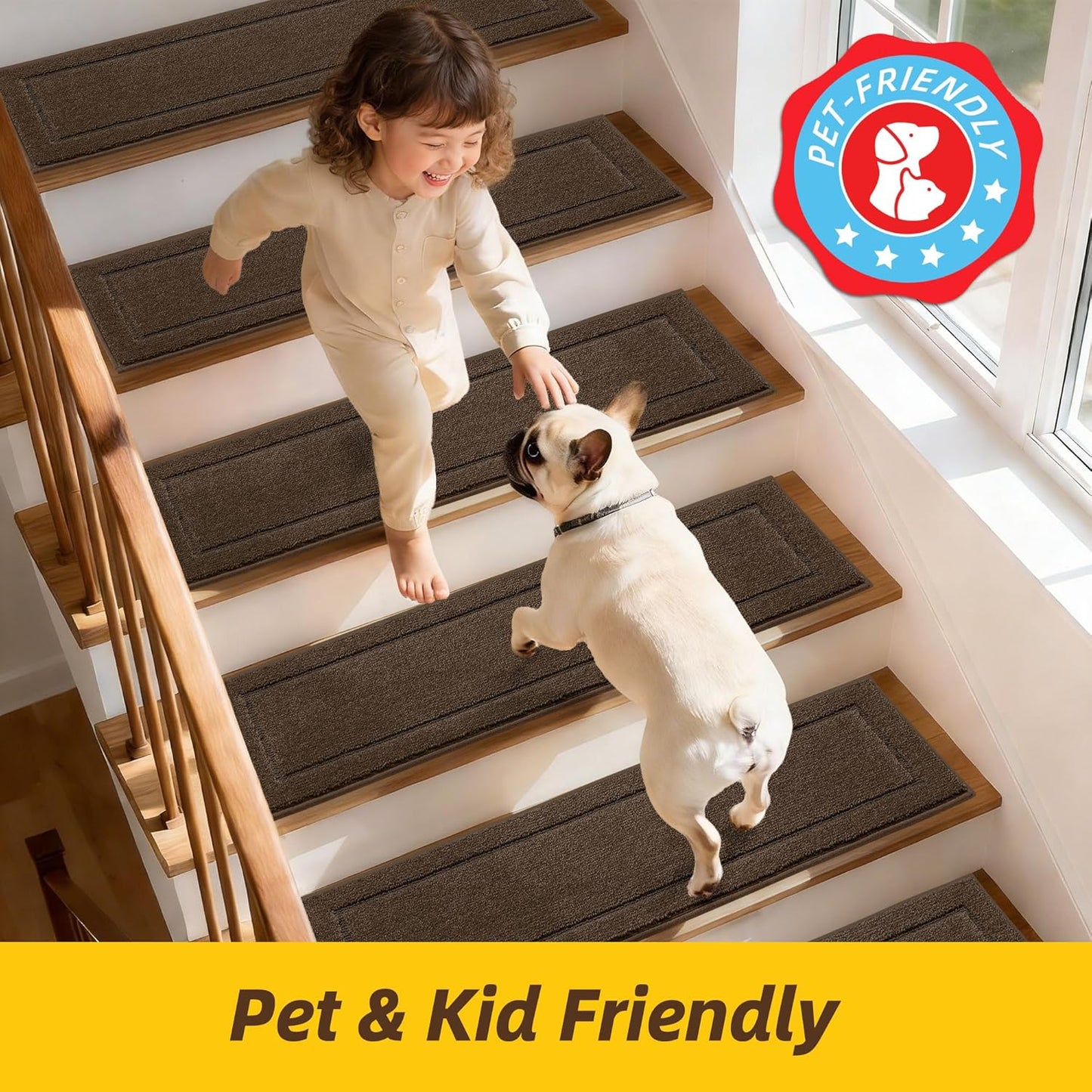 Non-Slip Stair Treads for Wooden Steps Indoor, 15 Pack 8" X 30" Edging Stair Rugs with TPE Backing, Carpet Stair Treads for Kids Elders & Pets, 100% Polyester Soft Stair Runners, Brown