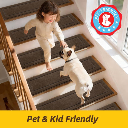 Non-Slip Stair Treads for Wooden Steps Indoor, 15 Pack 8" X 30" Edging Stair Rugs with TPE Backing, Carpet Stair Treads for Kids Elders & Pets, 100% Polyester Soft Stair Runners, Brown