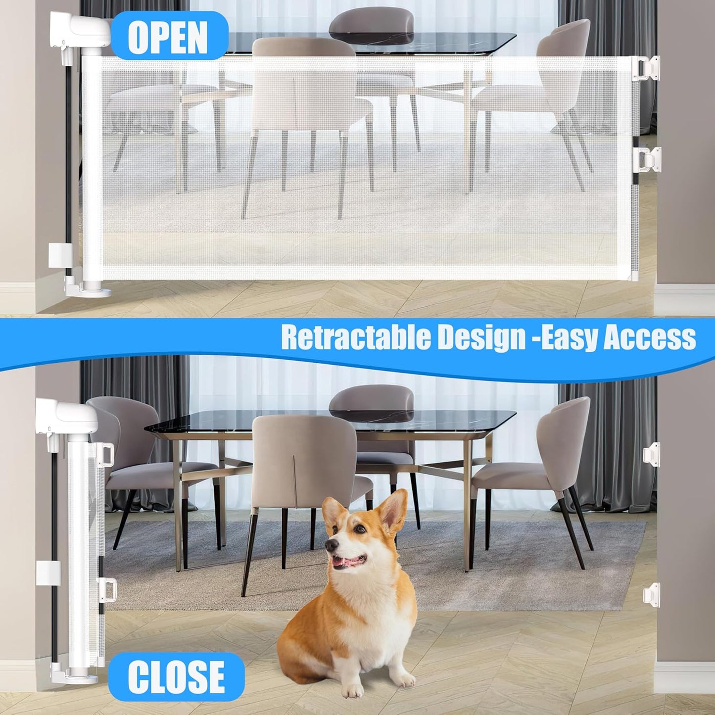 2 Pack Short Dog Gate Pet Gates Puppy Gate 14" H 59" Wide Step Over Pet Fence, Mesh Retractable Indoor Outdoor Expands Up to 59 Inches Small Dog Gates for Doorways Stairs