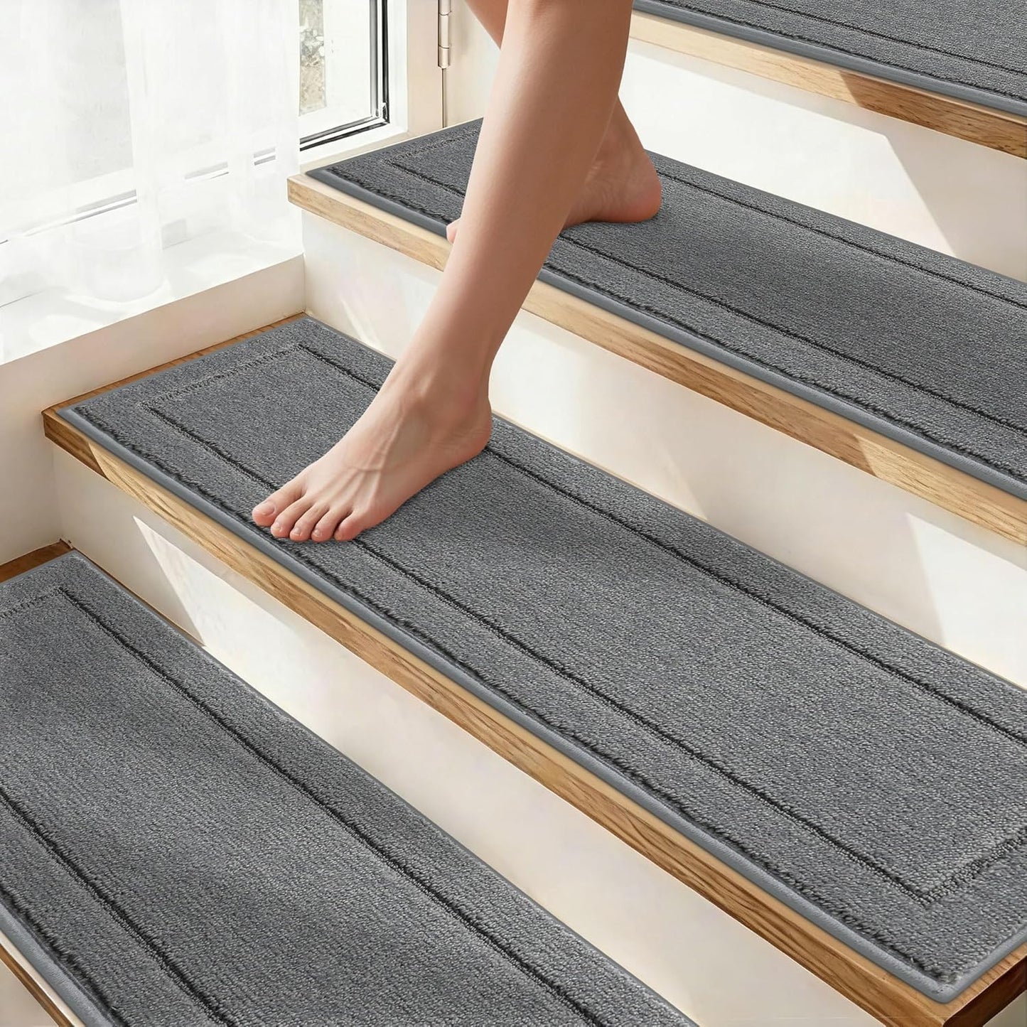 Non-Slip Stair Treads for Wooden Steps Indoor, 15 Pack 8" X 30" Edging Stair Rugs with TPE Backing, Carpet Stair Treads for Kids Elders & Pets, 100% Polyester Soft Stair Runners, Brown