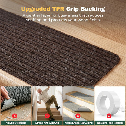 MBIGM 8" X 30" (15 in Pack) Nonslip Carpet Stair Treads Non-Skid Safety Rug Slip Resistant Indoor Runner for Kids Elders & Pets with Reusable Adhesive - Brown - Non Slip Stair Treads Indoor