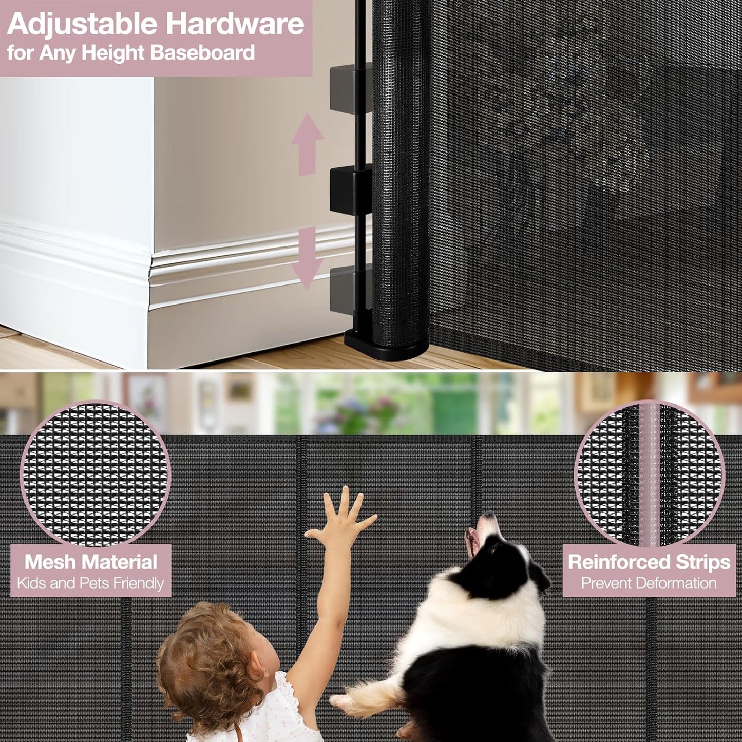 Reinforced 56" Wide Retractable Baby Gates for Doorways with Support Rods - Prevent Crawling Under Retractable Gate, Mesh Pet Gate for Stairs Retractable Dog Gates for The House Indoor/Outdoor, Black