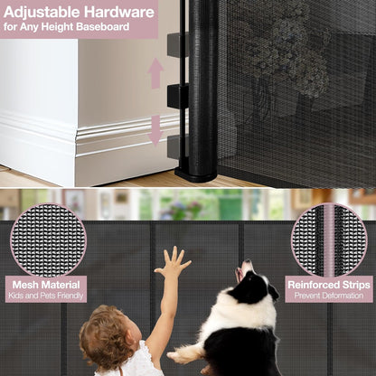 Reinforced 56" Wide Retractable Baby Gates for Doorways with Support Rods - Prevent Crawling Under Retractable Gate, Mesh Pet Gate for Stairs Retractable Dog Gates for The House Indoor/Outdoor, Black