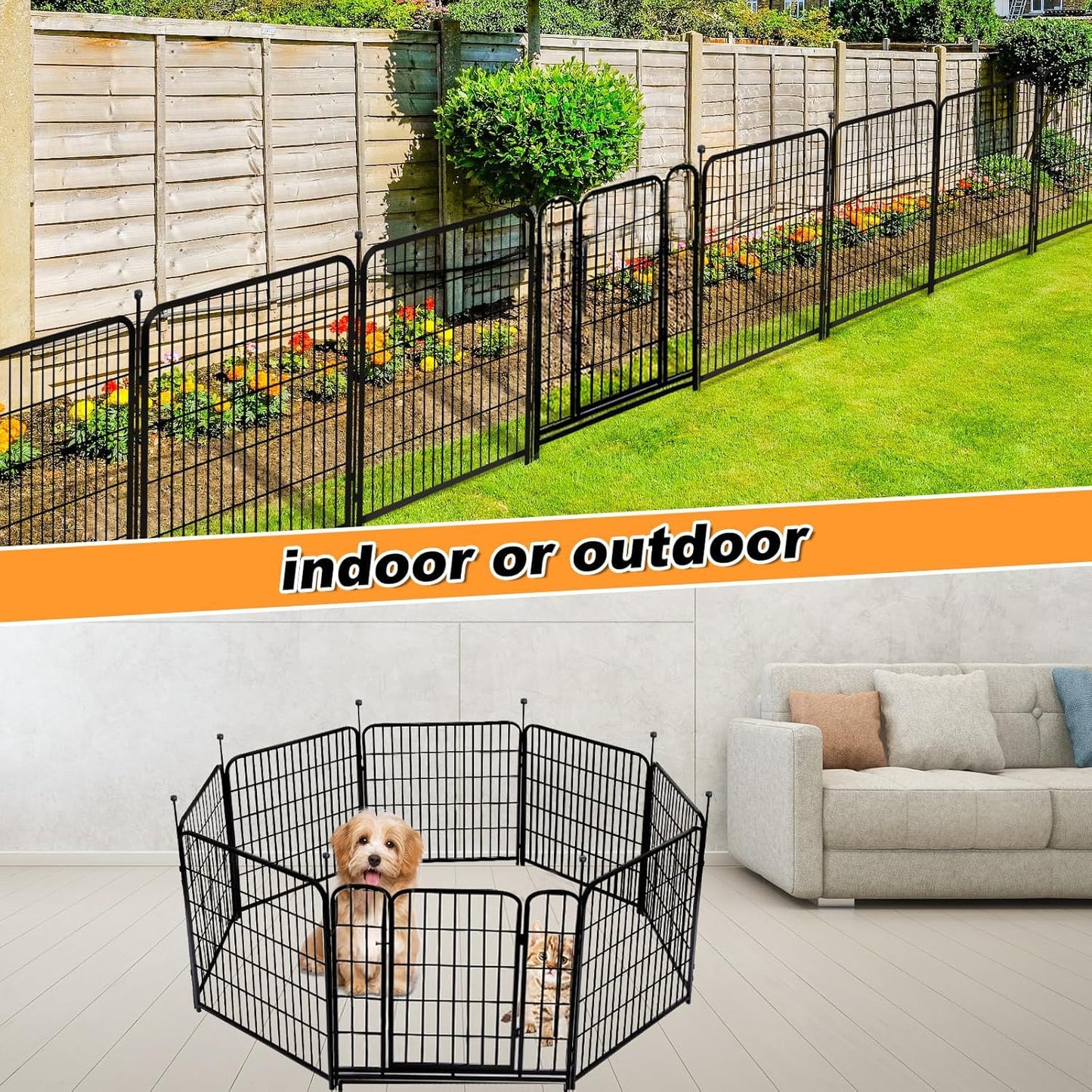 Getlay 36 in(H) Garden Fence, Wide Gate Low Threshold, 10 Panels Total 22.1 Ft(L) Heavy Duty Iron Animal Barrier Fence for Yard,Suitable for Indoor Or Outdoor Dog Fencing,Garden Border Fence