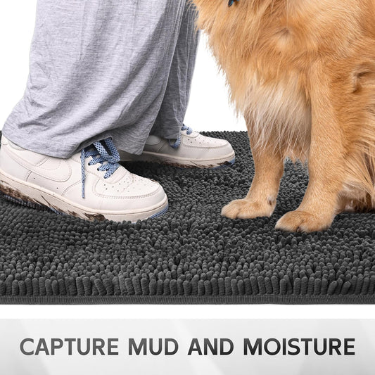 Ultra Absorbent Dog Door Mat for Muddy Paws, 60" x 36" Chenille Mud Mat for Dogs, Quick Dry, Trap Dirt Non-Slip Machine Washable Entry Rug for Indoor Outdoor Entrance, Dark Grey