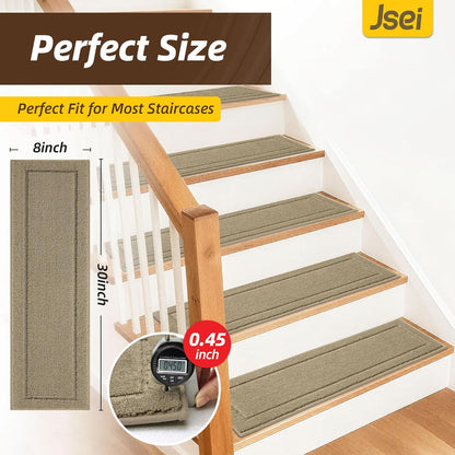 Non-Slip Stair Treads for Wooden Steps Indoor, 15 Pack 8" X 30" Edging Stair Rugs with TPE Backing, Carpet Stair Treads for Kids Elders & Pets, 100% Polyester Soft Stair Runners, Brown