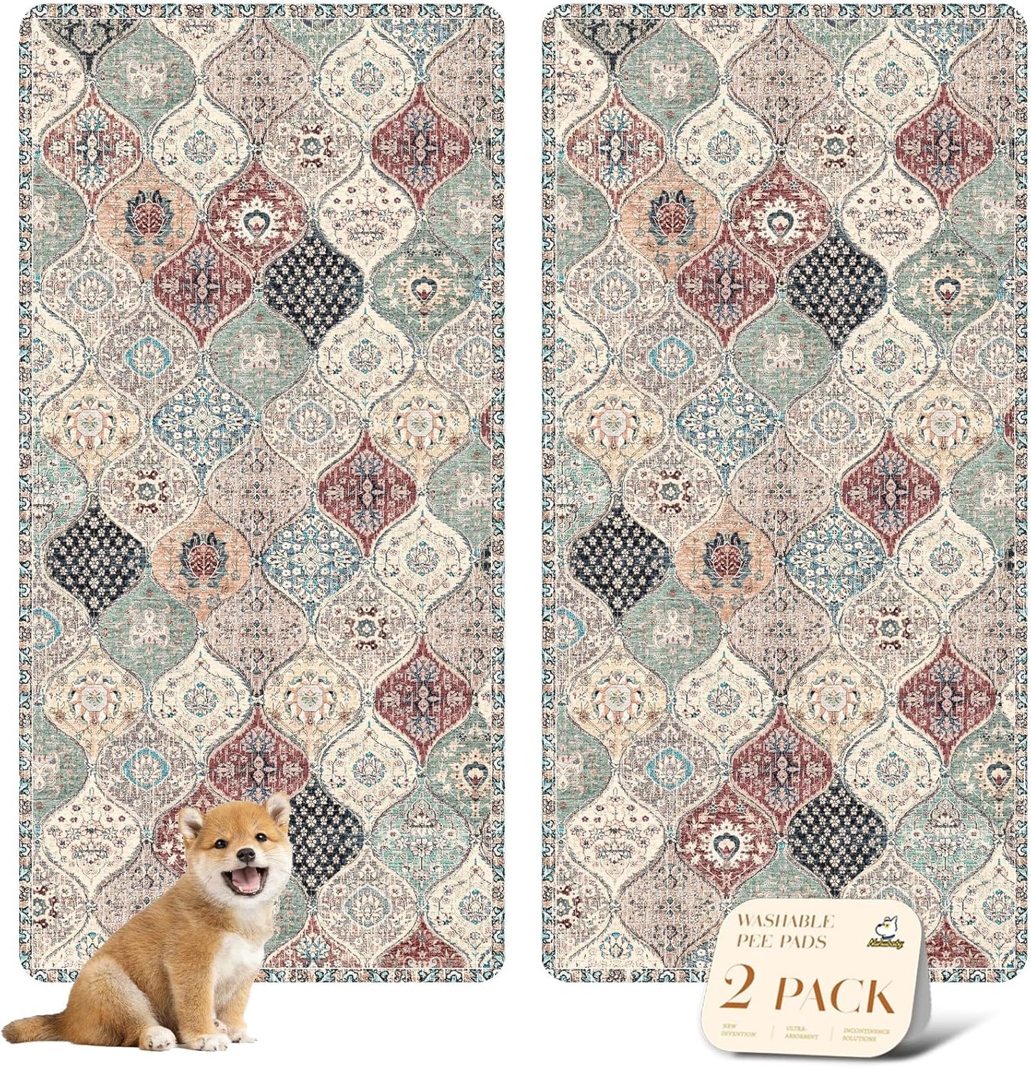 nunubaby Washable Pee Pads for Dogs, Stylish, Non-Slip and Leak-Proof Pee Pads. Reusable Potty Pads for Dogs for Crates and Floors.(Beige/Multi, 24" x48" )