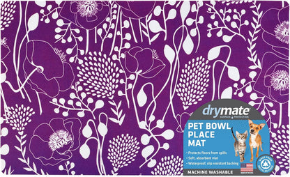 Drymate Pet Bowl Placemat, Dog & Cat Food Feeding Mat - Absorbent Fabric, Waterproof Backing, Slip-Resistant - Machine Washable/Durable (USA Made) (12” x 20”) (Indigo)