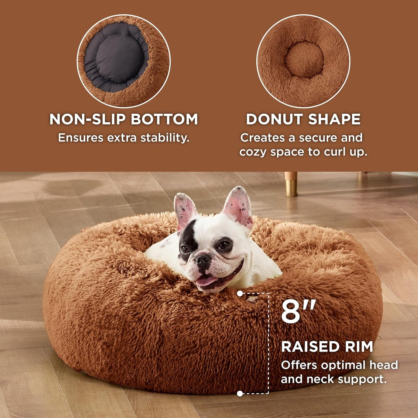 Bedsure Calming Dog Bed Medium Size Dog - Donut Washable Medium Pet Bed, 30 inches Anti-Slip Round Fluffy Plush Faux Fur Cat Bed, Fits up to 45 lbs Pets, Camel