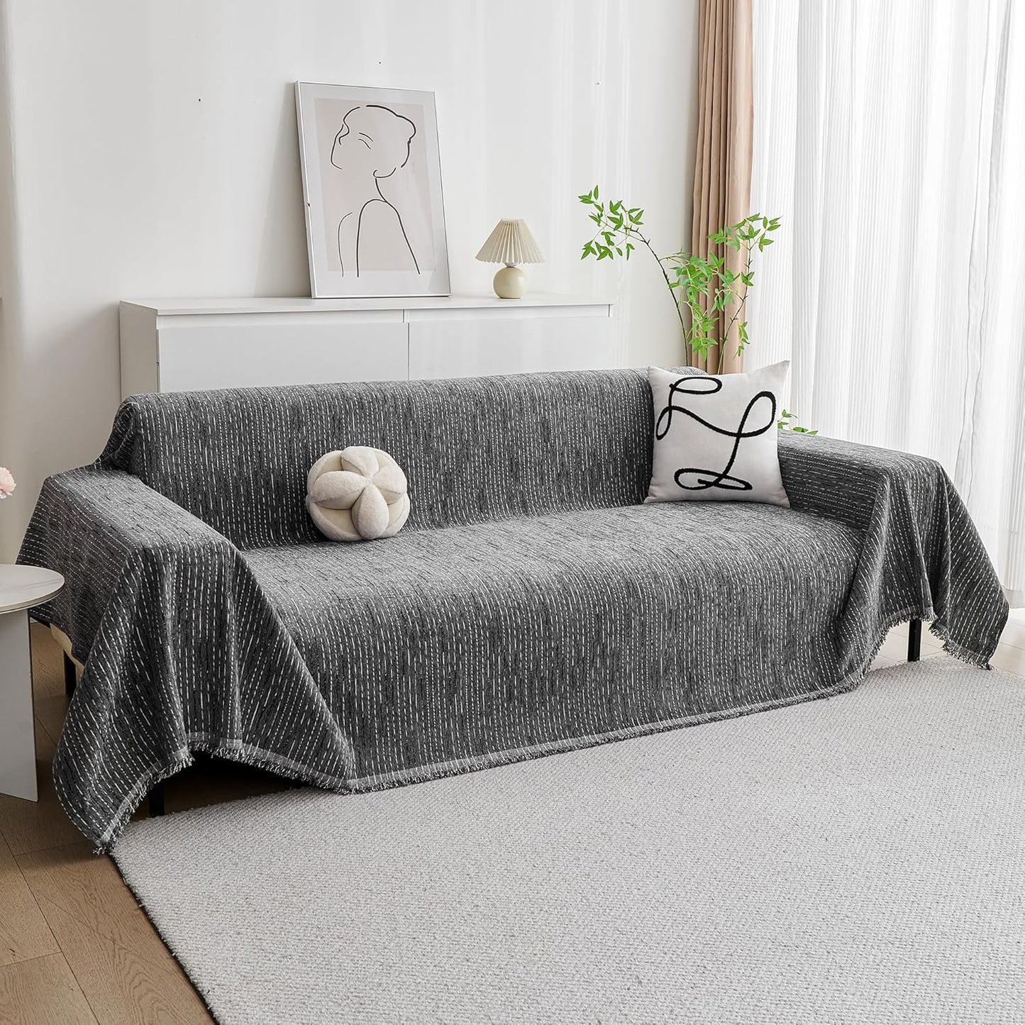 MYSKY HOME Couch Cover for Dogs, Washable Couch Covers, Non Slip Sofa Cover, Couch Cover 2 Cushion Sofa Dogs Furniture Protector with Tassels, Chenille Sofa Slipcover for Pets, 71"x118", Dark Grey