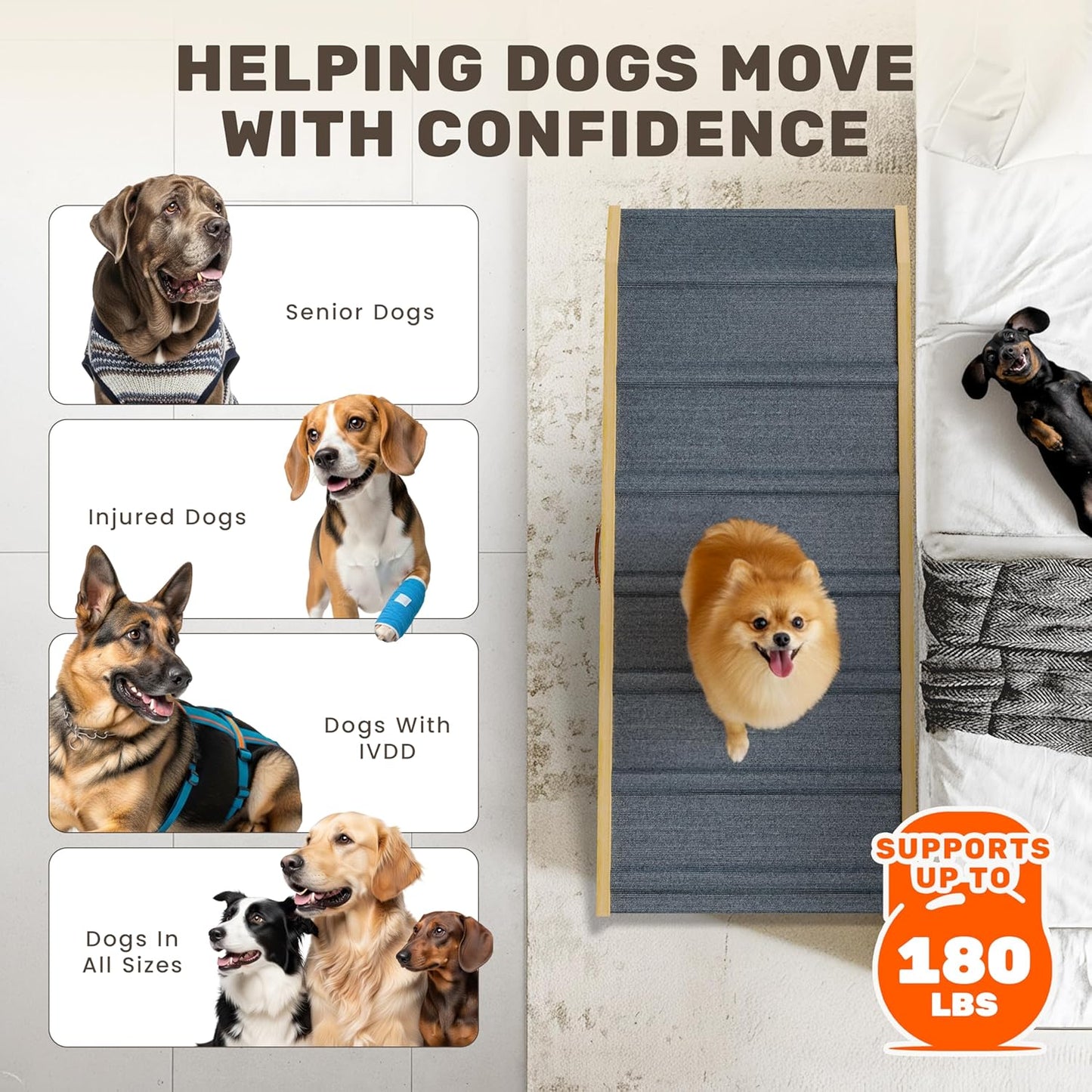 Adjustable Dog Ramp - 50" L x 18.5" W Ramp for Large Dogs to Get on Bed with 6 Incline Levels & Non-Slip Traction Carpet - Also Ideal for Medium & Large Breeds (Natural)