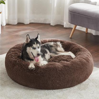 Bedsure Calming Dog Bed Medium Size Dog - Donut Washable Medium Pet Bed, 30 inches Anti-Slip Round Fluffy Plush Faux Fur Cat Bed, Fits up to 45 lbs Pets, Camel