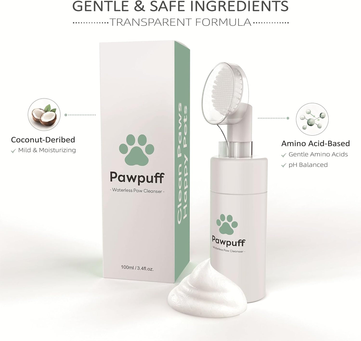 Dog Paw Cleaner Foam - Waterless Pet Foot Wash with Detachable Silicone Scrubber, 100% Plant-Based & Lick-Safe, No-Rinse Dog Paw Shampoo for Muddy Paws, Travel Size 100ml (Mint Green)