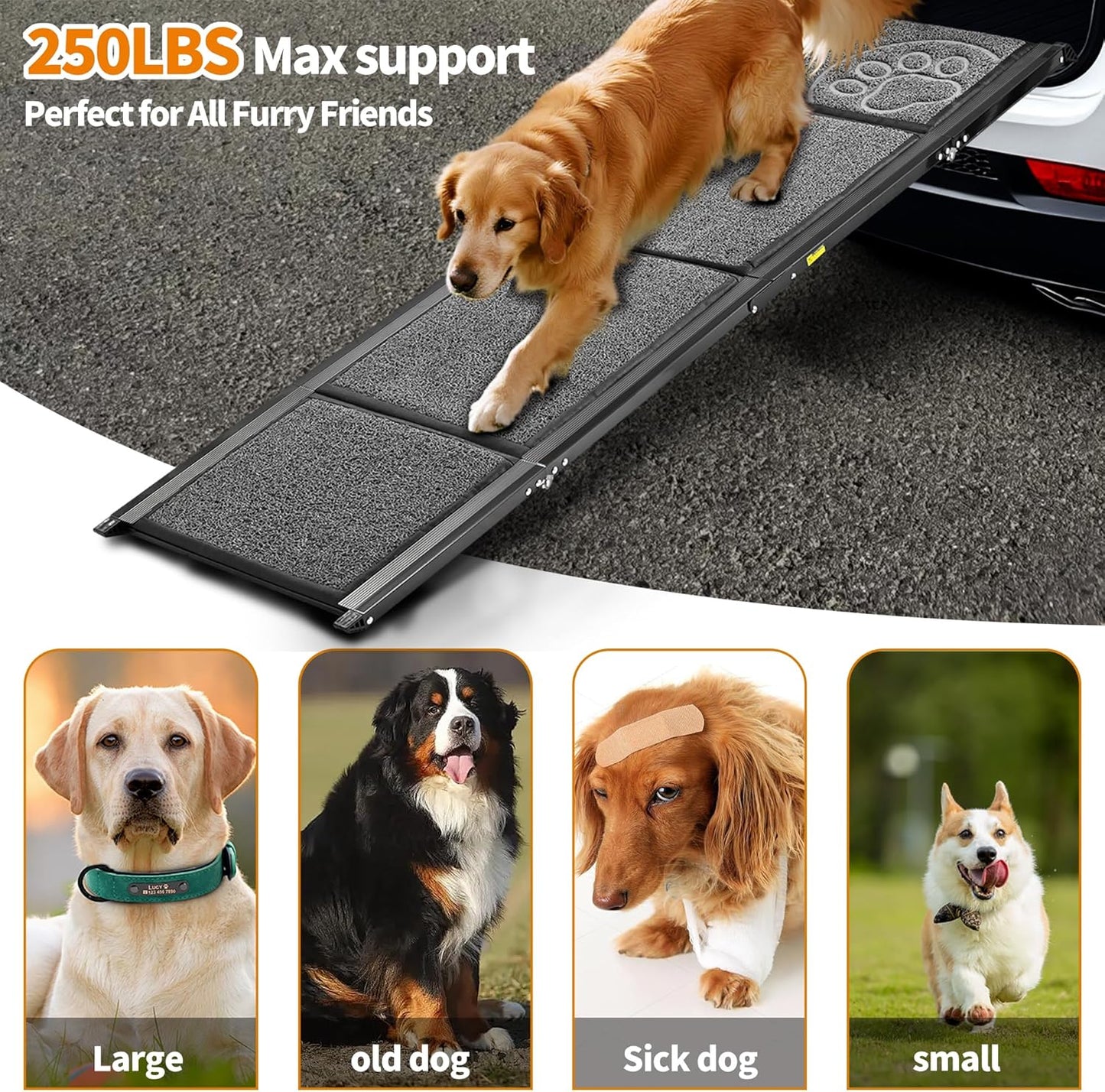Dog Ramp for Car 63" Long & 17.3" Wide Portable Dog Ramps for Large Dogs with Non-Slip Rug Surface Dog Car Ramp for SUV Car & Truck, Outdoor Pet Ramp Folding Dog Ramp Up to 250LBS