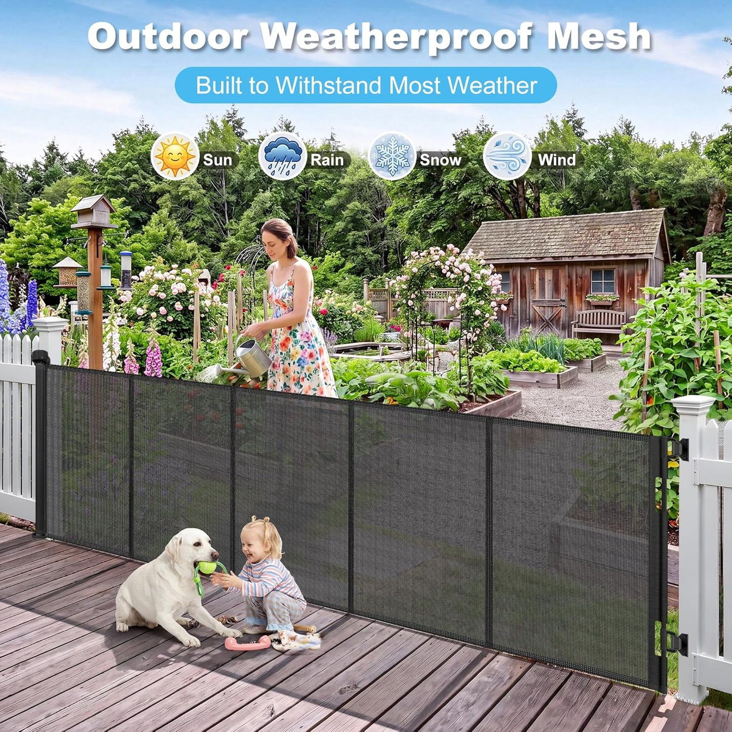 108" Wide Weatherproof Outdoor Retractable Dog Gates Extra Wide with Rust-Proof Stainless Steel Hardware& Waterproof Mesh, Reinforced 9 Ft Extra Long Retractable Baby Gate to Prevent Crawling Through