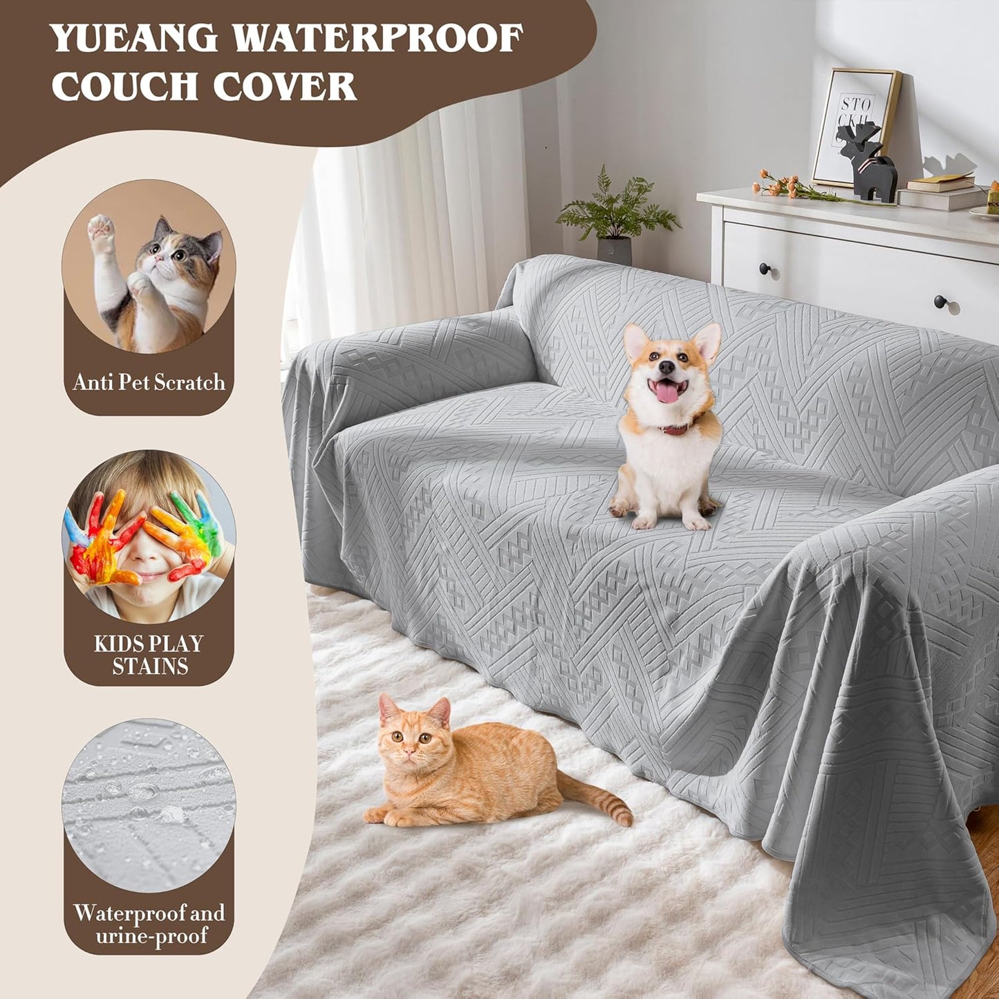 Waterproof Couch Cover, Reversible, Pet-Friendly, Washable and Anti-Slip Couch Covers for Sofa Protection with 3 Cushions, Sofa Slipcovers for Dogs and Cats (71×118in/Brown)