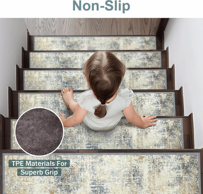 sarben Non Slip Stair Treads for Wooden Steps 15PCS - 8"x30" Indoor Safety Carpet, Edging Mats with TPE Adhesive Backing, Pet and Elderly Friendly Stair Rugs (Taupe) - Colors B