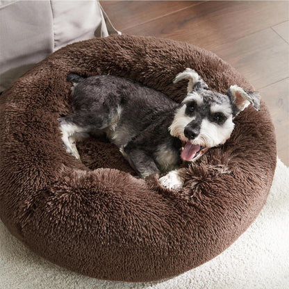 Bedsure Calming Dog Bed Medium Size Dog - Donut Washable Medium Pet Bed, 30 inches Anti-Slip Round Fluffy Plush Faux Fur Cat Bed, Fits up to 45 lbs Pets, Camel