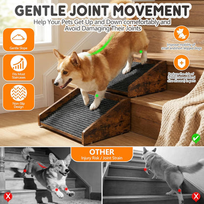 Megidok 2Pcs Low-Angled Wooden Dog Ramp for Stairs, Anti-Slip Carpet Surface Pet Steps, Sturdy Indoor Pet Stairs Ramp for Small Dogs & Cats, Assist for Injured Aged Pets Fits Staircase Steps