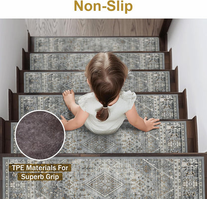 sarben Non Slip Stair Treads for Wooden Steps 15PCS - 8"x30" Indoor Safety Carpet, Edging Mats with TPE Adhesive Backing, Pet and Elderly Friendly Stair Rugs (Taupe) - Colors A