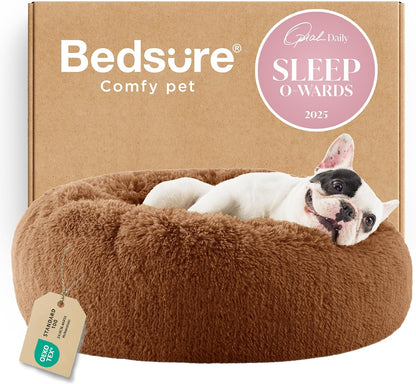Bedsure Calming Dog Bed Medium Size Dog - Donut Washable Medium Pet Bed, 30 inches Anti-Slip Round Fluffy Plush Faux Fur Cat Bed, Fits up to 45 lbs Pets, Camel
