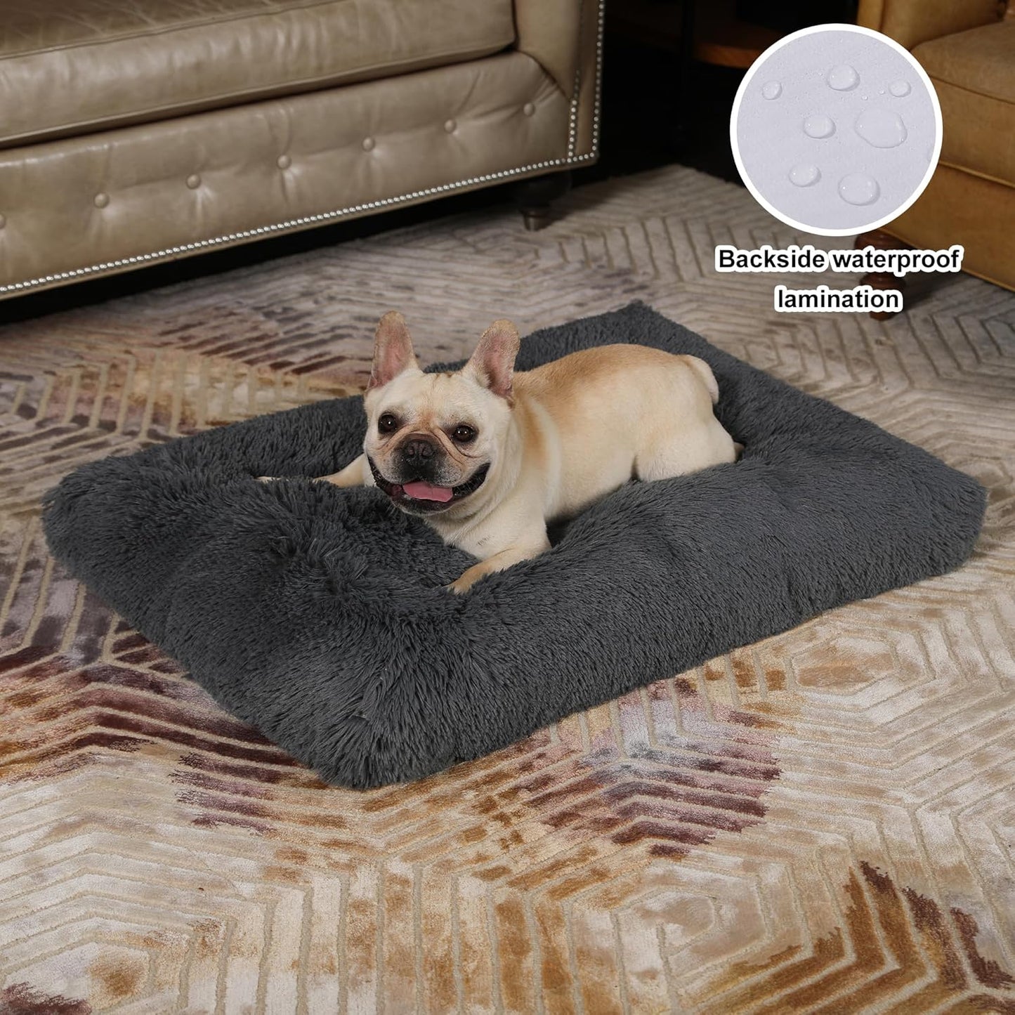Bedfolks Waterproof Dog Crate Bed, Plush With Removable Washable Cover, Faux Fur Crate Pad for Medium Dogs, Fluffy Kennel 29"x21", Dark Grey