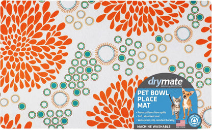 Drymate Pet Bowl Placemat, Dog & Cat Food Feeding Mat - Absorbent Fabric, Waterproof Backing, Slip-Resistant - Machine Washable/Durable (USA Made) (12” x 20”) (Indigo)
