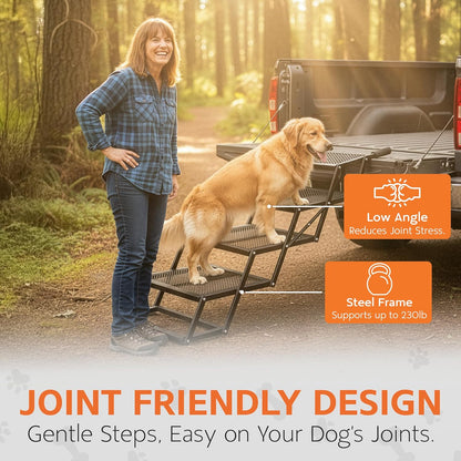 Foldable Dog Stairs for Cars Trucks & SUVs - Heavy-Duty Carbon Steel Pet Ladder Supports 230LB - Non-Slip Metal Mesh Joint-Friendly Portable Ramp for Large Dogs - 5 Step Pet Stairs w/Mat