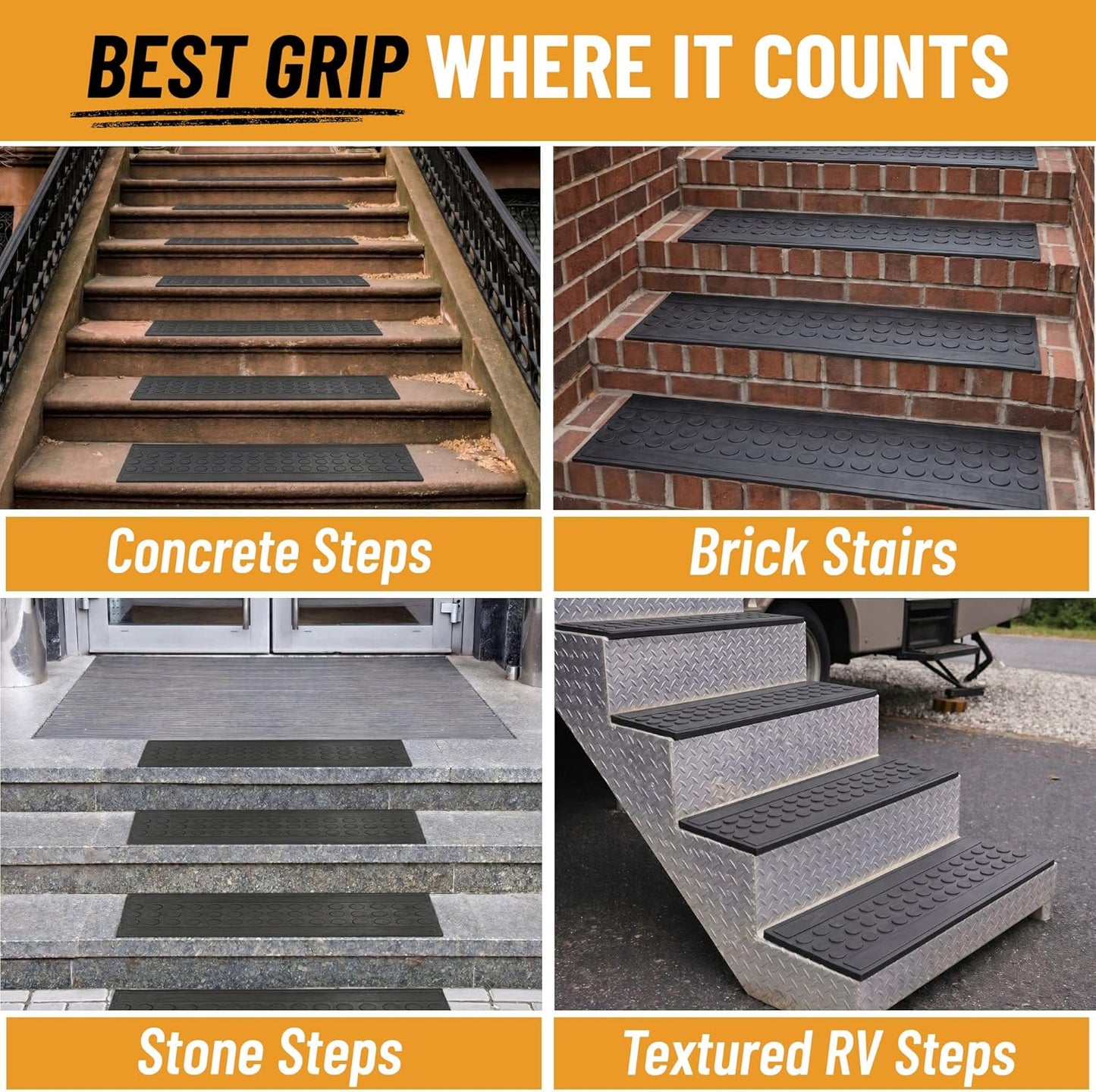 Ottomanson Outdoor Rubber Stair Treads – Ribbed Heavy-Duty Non-Slip Stair Mats – Best Grip on Concrete, Brick & Textured Step – Fastening Recommended for Wooden & RV Steps, Pack of 5
