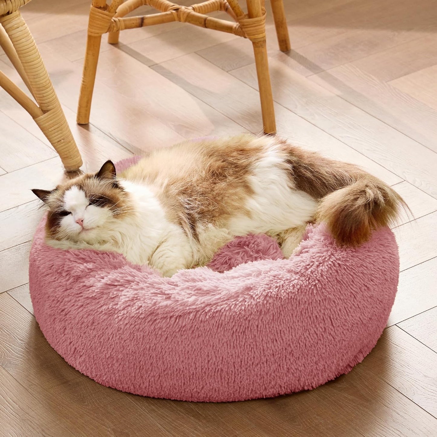 Bedsure Calming Dog Bed Medium Size Dog - Donut Washable Medium Pet Bed, 30 inches Anti-Slip Round Fluffy Plush Faux Fur Cat Bed, Fits up to 45 lbs Pets, Camel