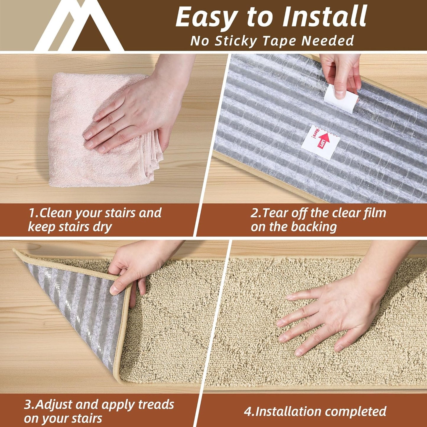 COSY HOMEER Edging Stair Treads Non-Slip Carpet Mat 28inX9in Indoor Stair Runners for Wooden Steps, Edging Stair Rugs for Kids and Dogs, 100% Polyester TPE Backing (7pc, Beige)