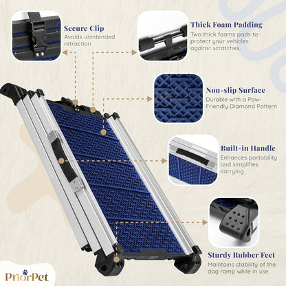 Dog Ramp for Car - Anti-Slip Dog Car Ramp for Large Dogs SUV - Stable 250LBS Capacity - Telescoping Pet Ramp for Car - Portable - Night Safety Reflective Sides - Fixing Clip - Black