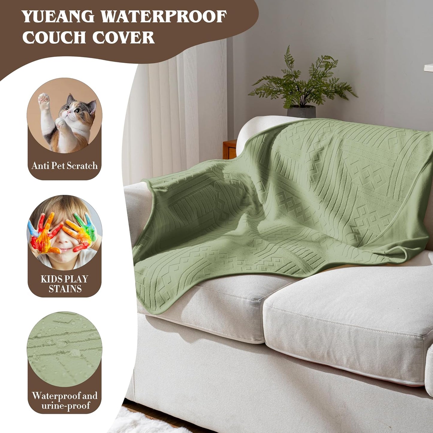 Waterproof Couch Cover, Reversible, Pet-Friendly, Washable and Anti-Slip Couch Covers for Sofa Protection with 3 Cushions, Sofa Slipcovers for Dogs and Cats (71×118in/Brown)