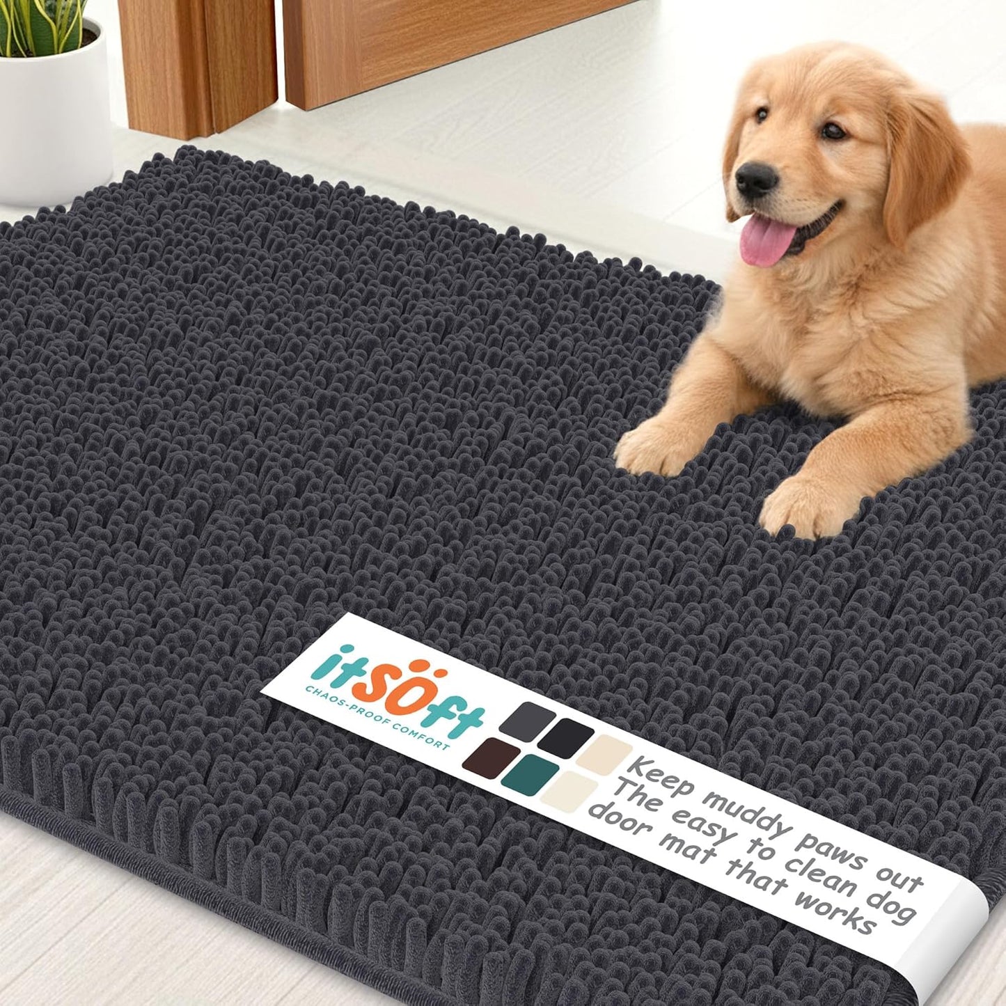 Dog Rugs for Muddy Paws 22x14 | Cleaner Mud Free Floors | Muddy Dogs Mats for Indoor, Dog Mat for Muddy Paws Door Mat Washable, Absorbent Chenille Mud Rug Paw Matt w/ Non Slip Backing, Charcoal Grey