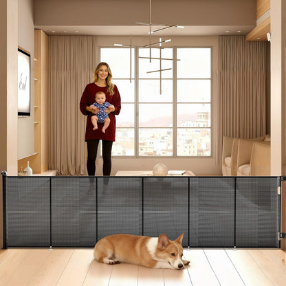 Retractable Baby Gate for Stairs, 42" Tall X 200" Wide Mesh Dog Gate Indoor, Child Gate for Doorways, Hallways, Deck, Indoor Outdoor Pet Baby Safety Essentials for Home, Black