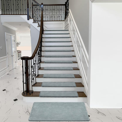 PURE ERA Carpet Stair Treads Ultra Plush 9.5" X 30"Soft Bullnose Indoor Stair Protectors Pet-Friendly Non-Slip Skid Resistant Tape Free Washable Reusable(14 Pieces, Cream Gray)