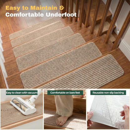 MBIGM 8" X 30" (15 in Pack) Nonslip Carpet Stair Treads Non-Skid Safety Rug Slip Resistant Indoor Runner for Kids Elders & Pets with Reusable Adhesive - Brown - Non Slip Stair Treads Indoor