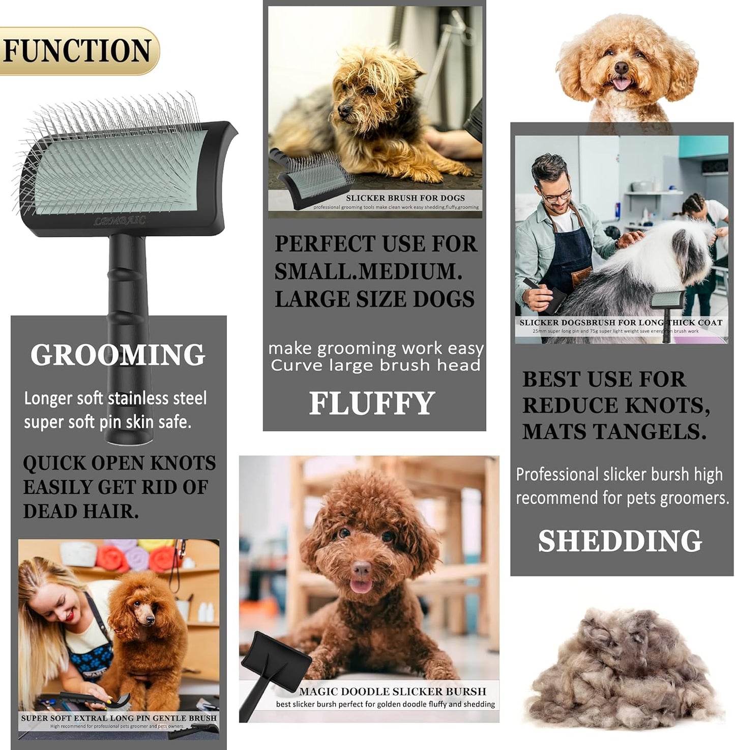 Slicker Brush for Poodles and Goldendoodles - Curved Brush for Thick, Fluffy, Shedding Fur on Dogs and Cats - Soft, Gentle Pins for Grooming (Blue)