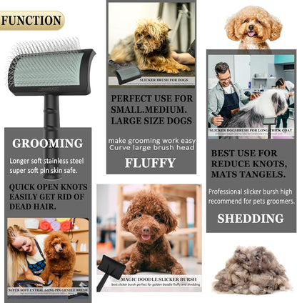 Slicker Brush for Poodles and Goldendoodles - Curved Brush for Thick, Fluffy, Shedding Fur on Dogs and Cats - Soft, Gentle Pins for Grooming (Blue)