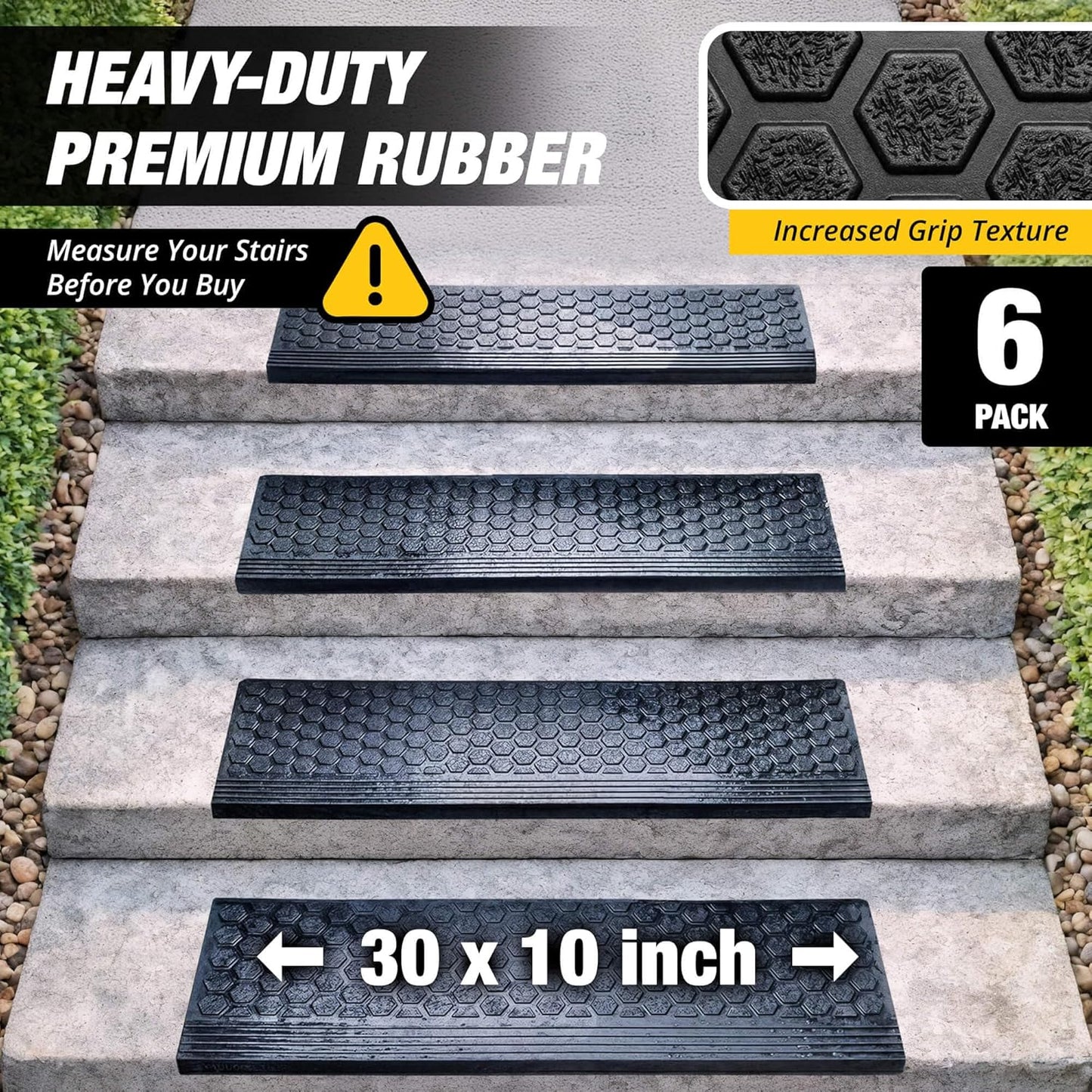 Rubber Stair Treads Outdoor 48"x10" 4-Pack - Heavy-Duty Outdoor Stair Treads Non-Slip Weather Resistant - Exterior Rubber Mats for Wooden Steps - Anti Slip Step Covers by Thunder Grip